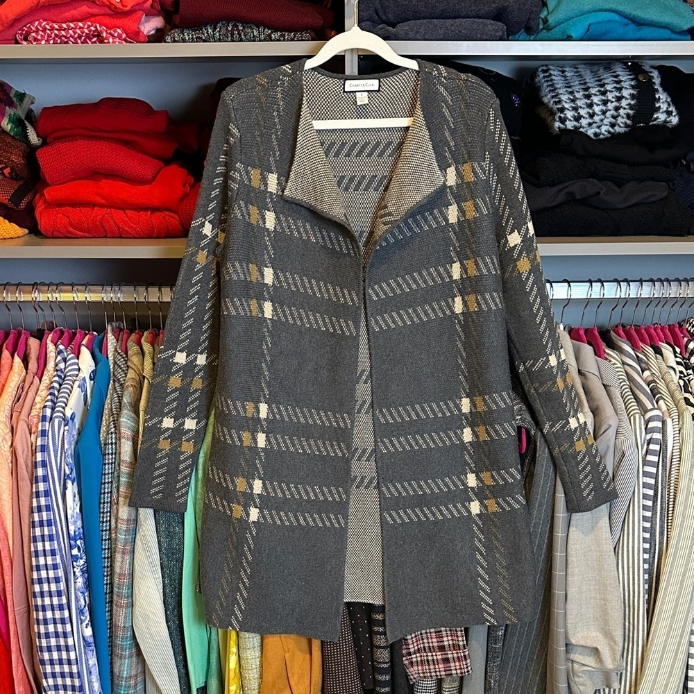 Charter Club gray/tan/cream plaid open front long sleeve cardigan size S